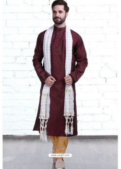 Stylish Maroon Cotton Polyester Embroidered Readymade Kurta Pajama