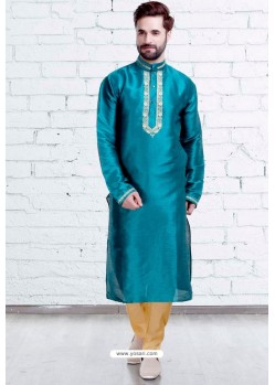 Tealblue Art Silk Embroidered Readymade Kurta Pajama