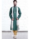 Dark Green Cotton Polyester Embroidered Readymade Kurta Pajama