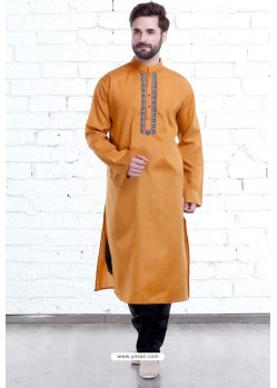 Mustard Cotton Polyester Embroidered Readymade Kurta Pajama