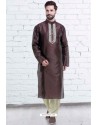 Amazing Coffee Art Silk Embroidered Readymade Kurta Pajama