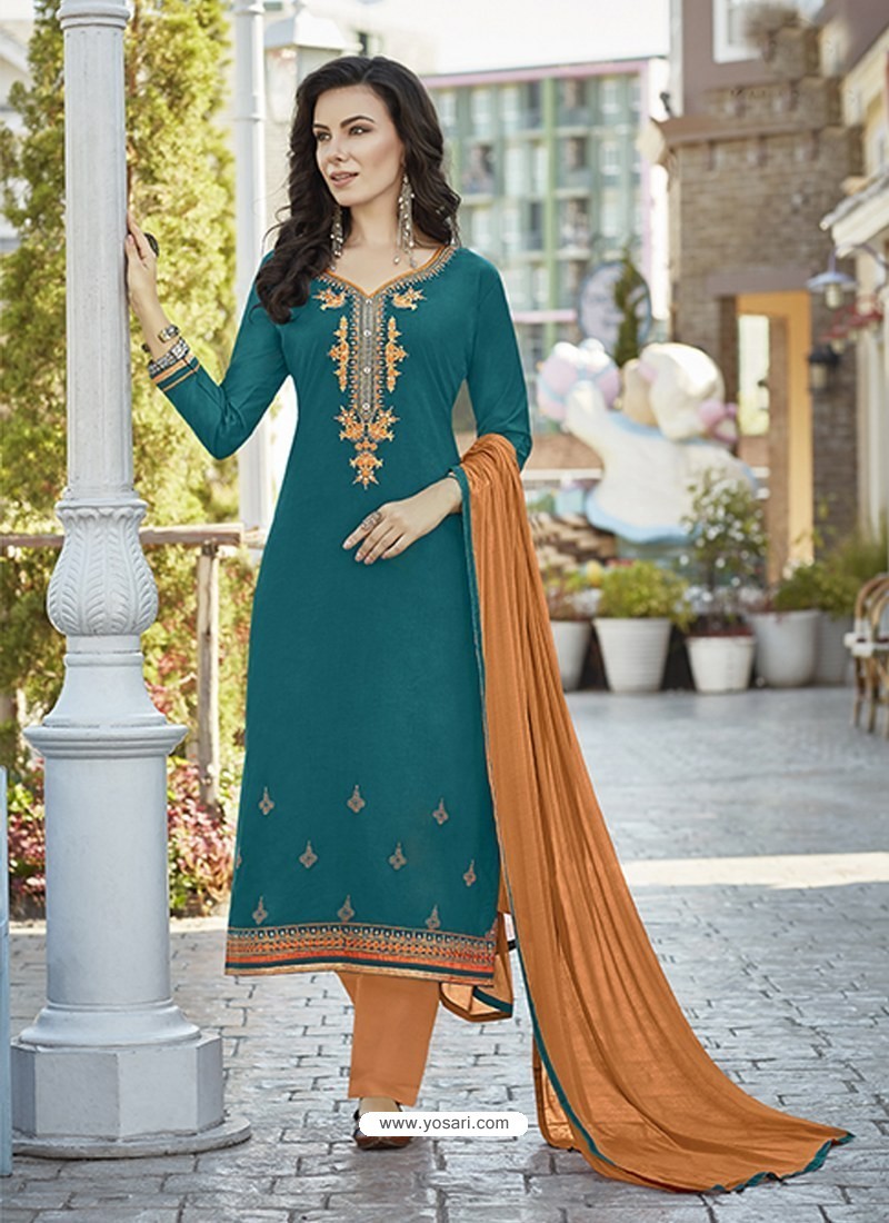 Buy Teal Cotton Straight Suit | Straight Salwar Suits