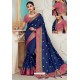 Navy Blue Raw Silk Heavy Embroidered Designer Saree With Readymade Blouse