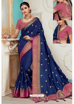 Navy Blue Raw Silk Heavy Embroidered Designer Saree With Readymade Blouse