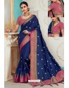 Navy Blue Raw Silk Heavy Embroidered Designer Saree With Readymade Blouse