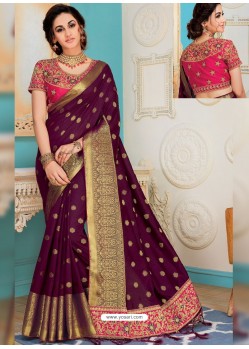 Purple Raw Silk Heavy Embroidered Designer Saree With Readymade Blouse