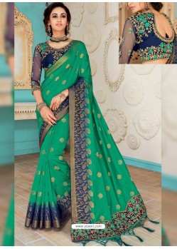 Dark Green Raw Silk Heavy Embroidered Designer Saree With Readymade Blouse
