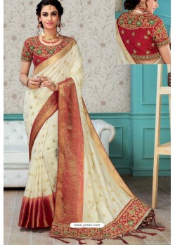 Off White Raw Silk Heavy Embroidered Designer Saree With Readymade Blouse
