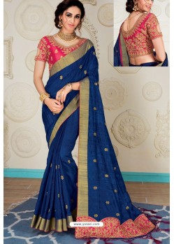 Stylish Navy Raw Silk Heavy Embroidered Designer Saree With Readymade Blouse
