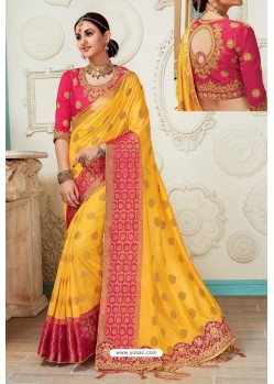 Yellow Raw Silk Heavy Embroidered Designer Saree With Readymade Blouse