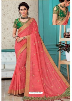 Peach Raw Silk Heavy Embroidered Designer Saree With Readymade Blouse