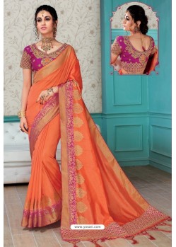 Orange Raw Silk Heavy Embroidered Designer Saree With Readymade Blouse