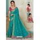 Turquoise Raw Silk Heavy Embroidered Designer Saree With Readymade Blouse