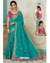 Turquoise Raw Silk Heavy Embroidered Designer Saree With Readymade Blouse