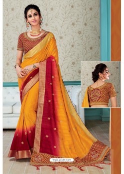 Yellow And Red Raw Silk Embroidered Designer Saree With Readymade Blouse