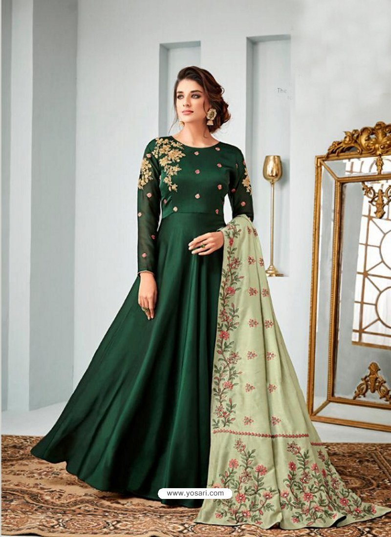 Buy Dark Green Satin Georgette Embroidered Designer Anarkali Suit ...