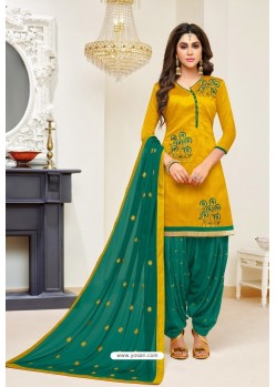 Yellow And Green Lawn Slub Cotton Salwar Suit