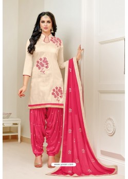 Cream And Pink Lawn Slub Cotton Salwar Suit