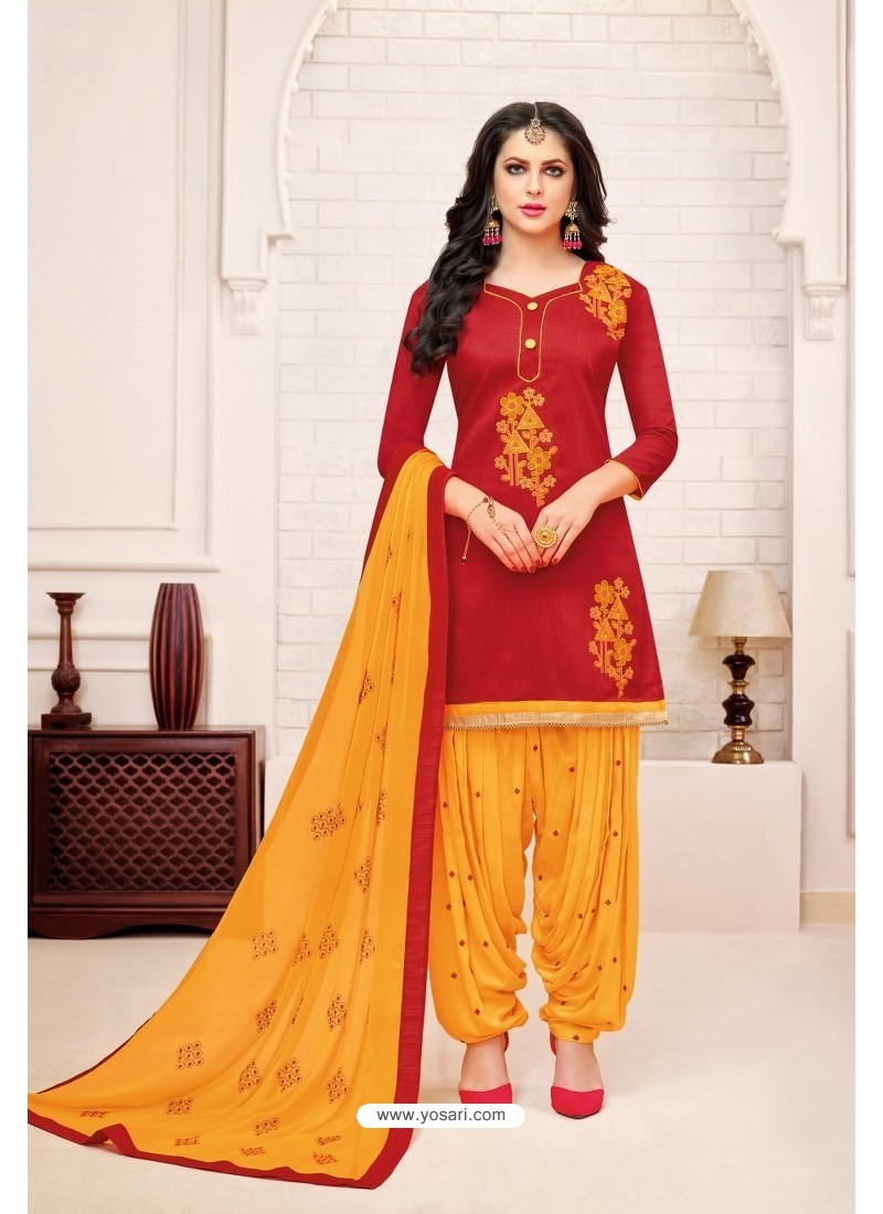 Buy Red And Yellow Lawn Slub Cotton Salwar Suit | Punjabi Patiala Suits