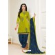 Parrot Green And Tealblue Lawn Slub Cotton Salwar Suit