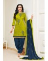 Parrot Green And Tealblue Lawn Slub Cotton Salwar Suit