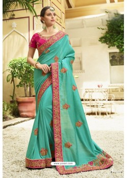 Aqua Mint Silk Embroidered Party Wear Saree