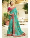 Aqua Mint Silk Embroidered Party Wear Saree