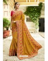 Mustard Muslin Embroidered Party Wear Saree