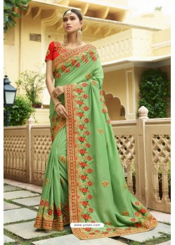 Green Muslin Embroidered Party Wear Saree