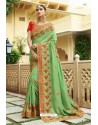 Green Muslin Embroidered Party Wear Saree