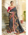 Dull Grey Silk Embroidered Party Wear Saree