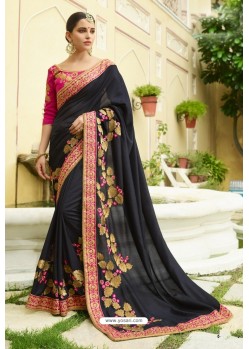 Fashionable Black Silk Embroidered Party Wear Saree