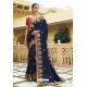 Navy Blue Muslin Embroidered Party Wear Saree