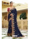 Navy Blue Muslin Embroidered Party Wear Saree