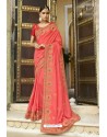Peach Muslin Embroidered Party Wear Saree