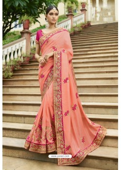 Amazing Peach Silk Embroidered Party Wear Saree