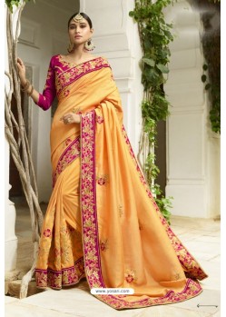 Yellow Silk Embroidered Party Wear Saree