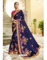 Navy Blue Satin Silk Embroidered Party Wear Saree