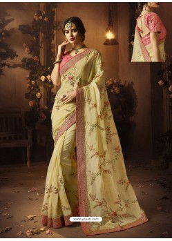 Cream Organza Silk Heavy Embroidered Wedding Saree
