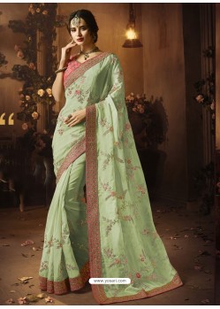 Sea Green Organza Silk Heavy Embroidered Wedding Saree