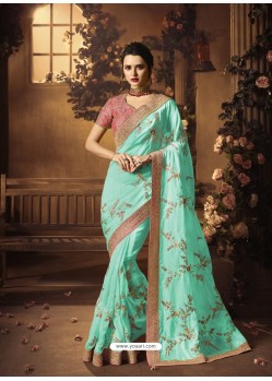 Sky Blue Organza Silk Heavy Embroidered Wedding Saree