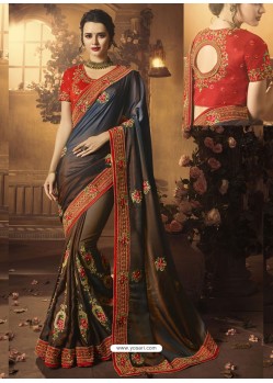 Grey And Coffee Cadbury Silk Heavy Embroidered Wedding Saree