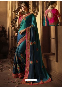 Teal And Navy Cadbury Silk Heavy Embroidered Wedding Saree