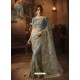 Light Grey Soft Net Heavy Embroidered Wedding Saree