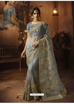 Light Grey Soft Net Heavy Embroidered Wedding Saree