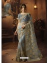 Light Grey Soft Net Heavy Embroidered Wedding Saree