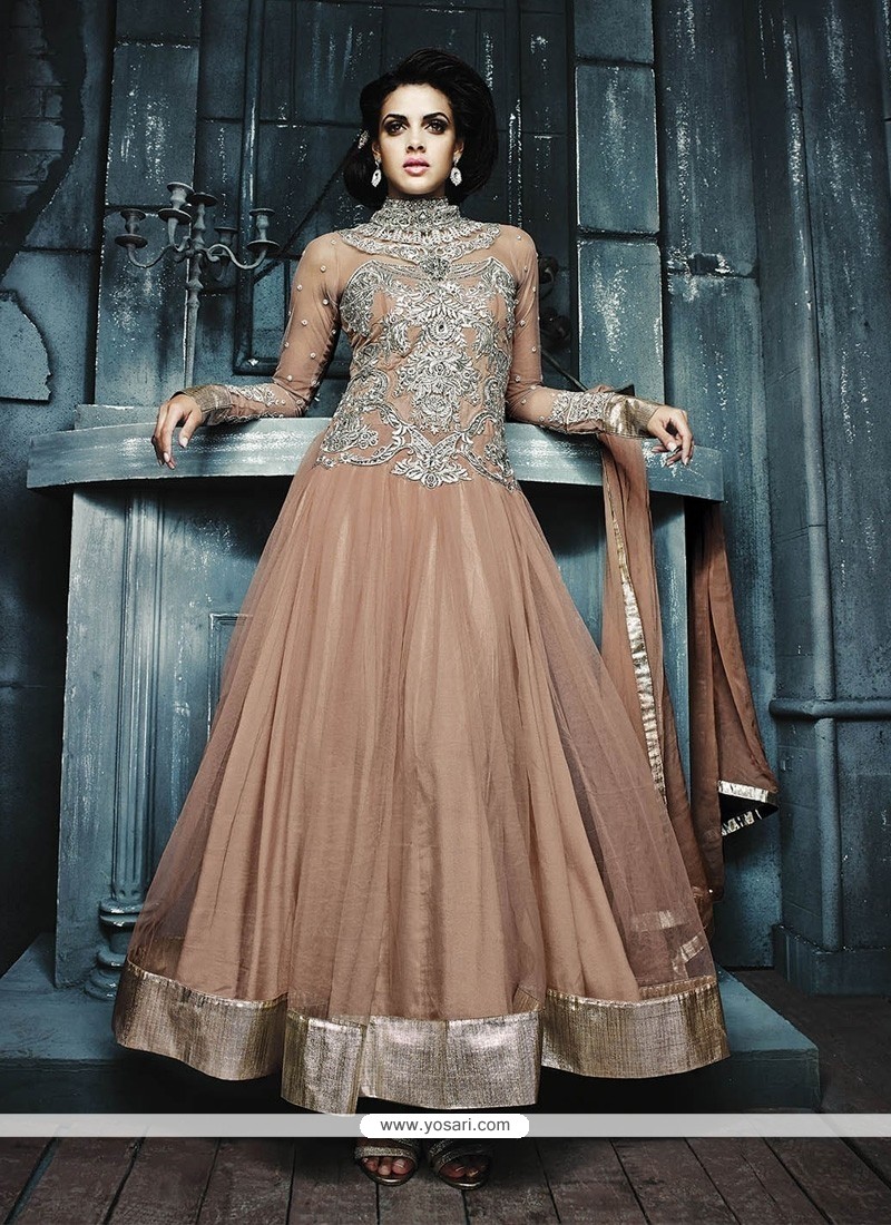 Light Brown Net Designer Anarkali Suit