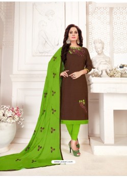 Coffee And Green Glass Cotton Embroidered Churidar Suit