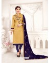 Beige Glass Cotton Embroidered Churidar Suit