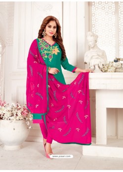 Teal And Rani Glass Cotton Embroidered Churidar Suit